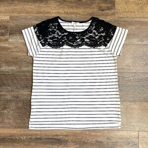 NWT Umgee Striped Short Sleeve Lace Inset Top White & Black S